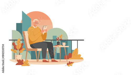Happy senior man reading on a digital tablet on an autumn balcony with a city view