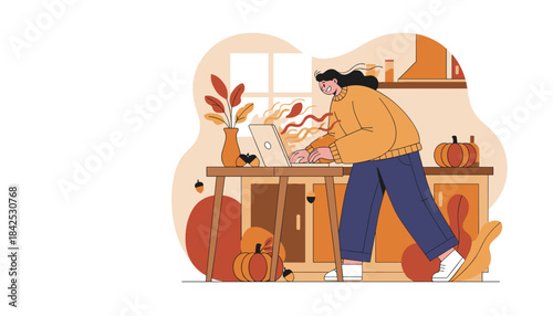 Woman happily working on laptop at home in cozy autumn setting WFH concept