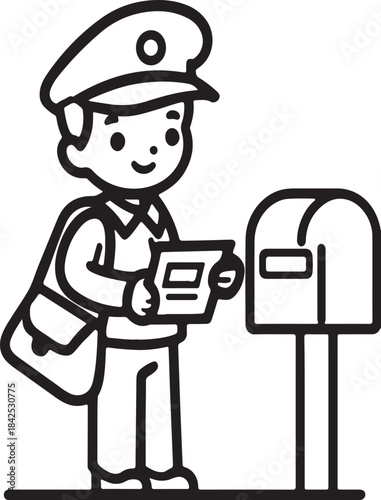 Mail Carrier Delivering Letter to Mailbox Line Art