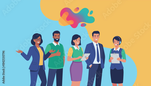Diverse business team illustration symbolizing collaboration professionalism and customer service support on a colorful background