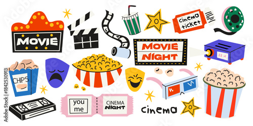 Set of cinema, movie cartoon elements in retro groovy style. Popcorn, film, cinema ticket, film reel, cassette, projector. Funky movie stickers, labels, tags, patches. Theater theme