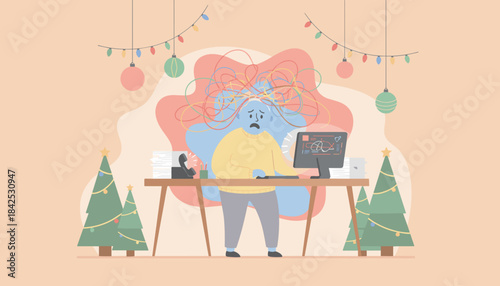 Overworked employee suffering holiday burnout and mental stress at the office desk