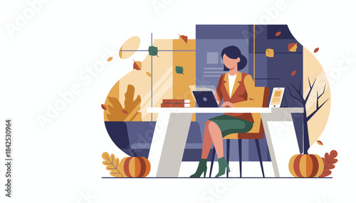 Businesswoman working on laptop at her desk embracing the productive autumn season vector illustration