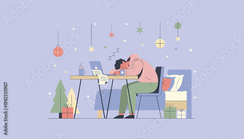 A tired worker sleeps on their laptop at a festive desk showing burnout during the holiday season