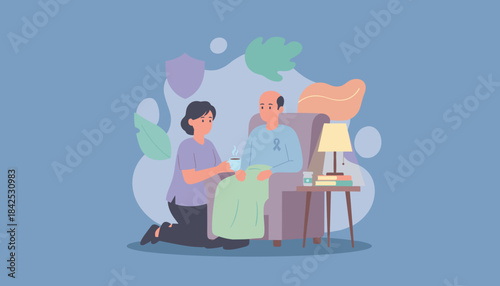 Caregiver helps elderly patient with hot drink and blanket showing home health support and compassion