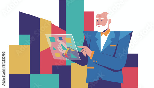 Senior executive uses a futuristic transparent screen to analyze business data and technological graphs