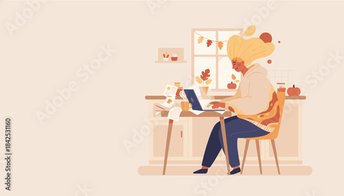 Woman working remotely on a laptop at home during autumn cozy freelancer productivity illustration