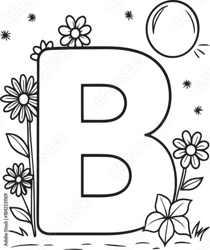 Letter B coloring page with flowers, grass, stars and sun – educational alphabet art for kids