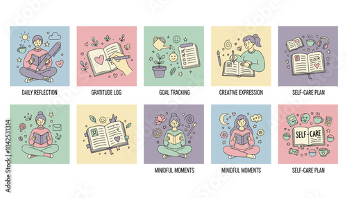 Pastel vector set illustrating selfcare gratitude reflection and goal tracking through mindful journaling