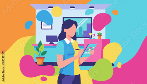 Business professional using digital tablet in a colorful modern office Technology startup and creative design concept