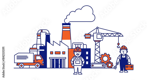 Minimalist line art illustration of industry workers factory and construction crane