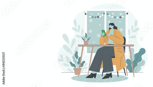 Cozy winter work Woman in a coat uses her smartphone by a window with falling snow and festive lights