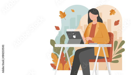 Professional woman using a tablet for remote work in an autumnal setting