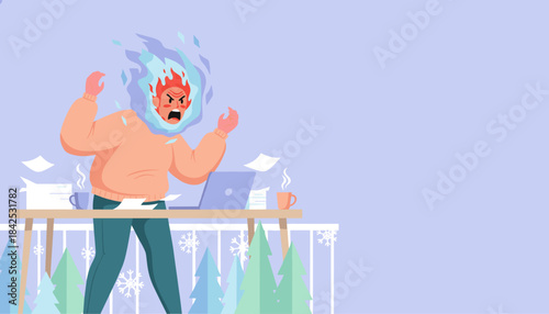 Stressed worker with a flaming head overwhelmed by workload and burnout while working remotely in cold winter conditions