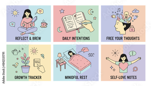 Daily selfcare routine set planning reflection mindful rest mental wellness and personal growth illustrations