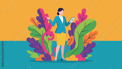 Businesswoman using a tablet pointing amidst vibrant colorful foliage Corporate success and nature concept