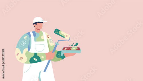 Festive painter illustration with roller and tray Home renovation DIY and winter holiday preparation