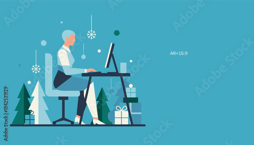 Professional woman working on a desktop computer during the winter holiday season