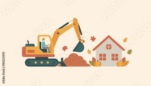 Excavator at construction site near a house illustrating fall season home development work
