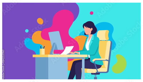 Professional woman working at desk on computer in a colorful modern abstract office illustration