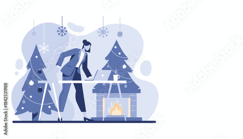 Businesswoman working on laptop amidst Christmas trees and a cozy fireplace Remote work during holiday concept