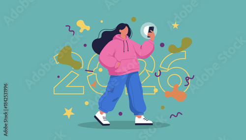 Trendy young woman uses phone for social media in front of 2026 graphic representing new year tech trends