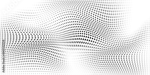 Abstract wavy black dots on white background. Distorted halftone dotted. Comic concept art style modern design