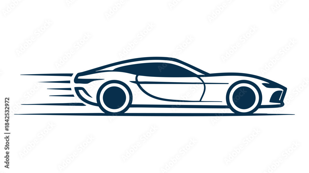 Naklejka premium Sleek sports car icon illustrating speed and motion in dark blue and white