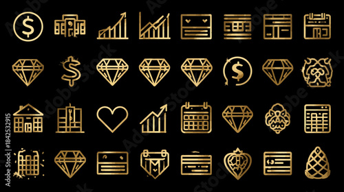 Elegant Gold Business, Finance, and Luxury Icons Collection. Modern Outline Symbols for Commerce and Success on Black Background.