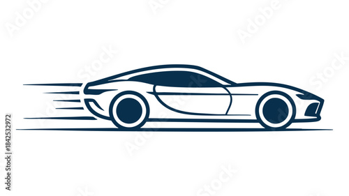 Sleek sports car icon illustrating speed and motion in dark blue and white
