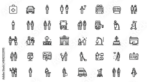 Everyday Life Line Icons Set - People, Transport, Services, and Objects Thin Outline Vector Collection