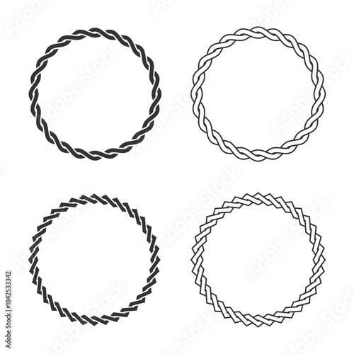 Set of frames from twisted elements ornament with blank space inside. Framings graphic design templates. Circular patterns set isolated on white background. Vector illustration