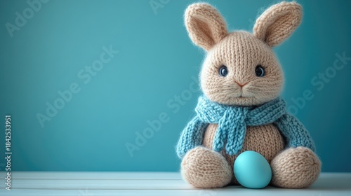 Cute knitted toy rabbit on white wood table and pastel color wall background with copy space. Easter concept
