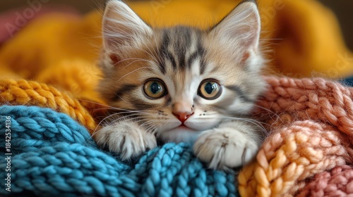 Cute little kitten playing with colorful yarn