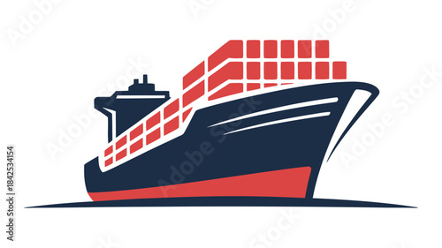 A graphic illustration of a container ship loaded with red containers