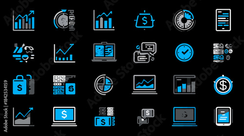 Modern business, finance, and data analytics icon set. Digital technology, investment, growth, and economy line art collection.