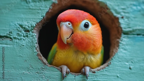 Cute parrot peeking out of a hole. Green background surface wall texture. The most adorable pet ever. Baby pet.
