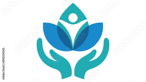 A stylized logo of hands supporting a person within a blue lotus flower, symbolizing holistic wellness and care