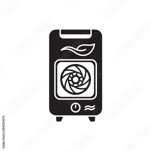 Black Air Purifier Glyph Icon with Leaf and Fan Symbol Isolated on White