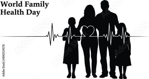 Celebrating world family health day with a silhouette of parents and children over a graphic heartbeat line symbolizing unity and wellness