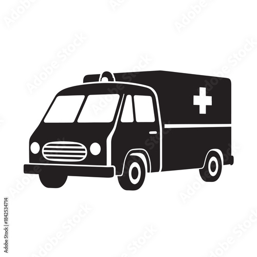 Ambulance Black Silhouette Vector Icon with Medical Cross Isolated on White Background