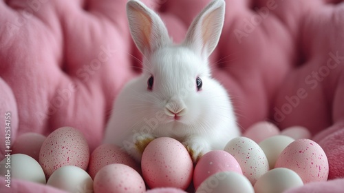  Cute white rabbit with easter eggs on pink armchair.