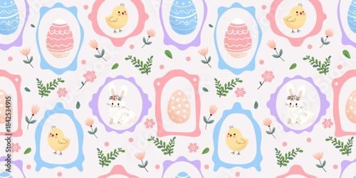 Cute pastel Easter seamless pattern with framed eggs, chicks, bunnies, flowers and spring leaves. Soft decorative design for kids, fabric, wrapping paper, holiday projects and spring backgrounds