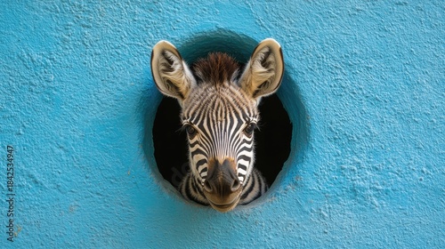 Cutest baby zebra peeking out of a hole. Blue background surface wall texture. The most adorable pet ever. Baby pet