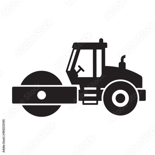 Road Roller Black Silhouette Icon Isolated on White