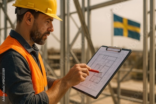 A focused male construction worker in an orange safety vest and yellow hard hat examines a blueprint outdoors, with a Swedish flag in the background.