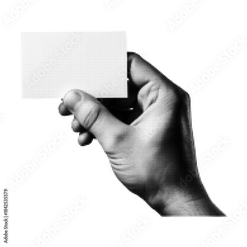 Halftone illustration of a human hand holding a blank business card or paper, isolated on white background. Minimal monochrome pop art style for branding, mockup, and presentation design.