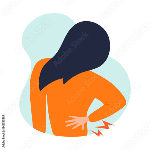 Women suffering from pain in the lumbar region. Medical banner or poster. Vector