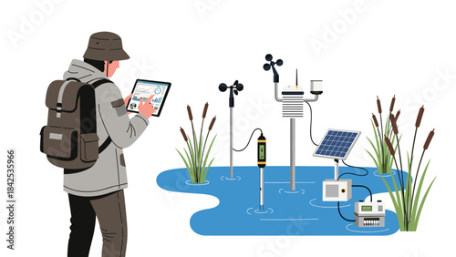 Man with backpack and tablet standing by water quality monitoring station with solar panel and various sensors