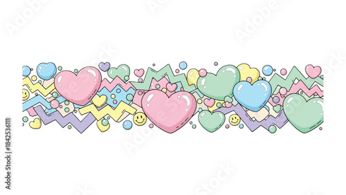 Whimsical Heart Garland: A cheerful illustration showcases an array of pastel-colored hearts and playful elements, ideal for adding a touch of sweetness to any design or project.